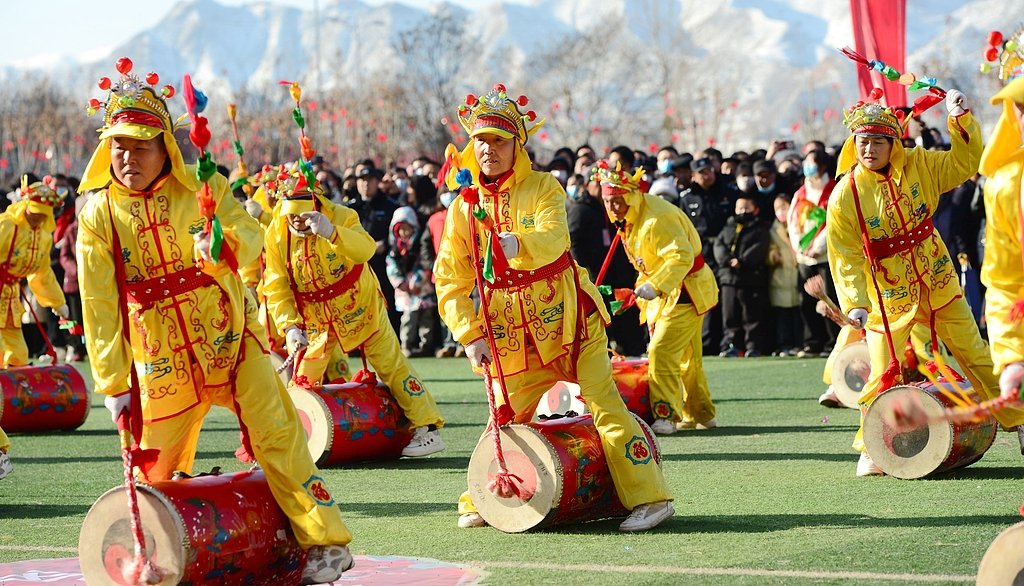 2月9日，甘肃省兰州市永登县，非遗表演兰州太平鼓舞。