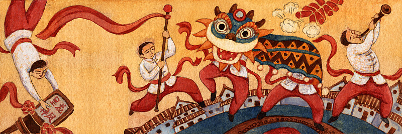 水彩手绘中国传统民间艺术舞狮图片下载