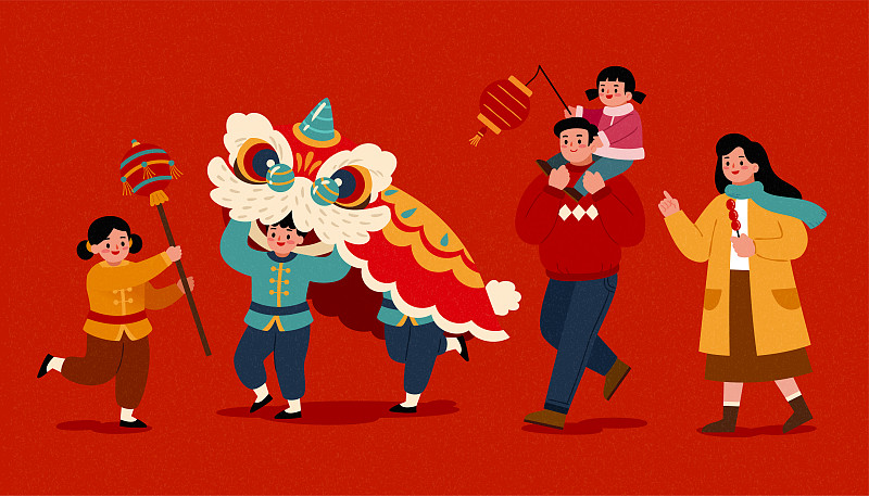 新春逛庙会手绘插画素材图片下载